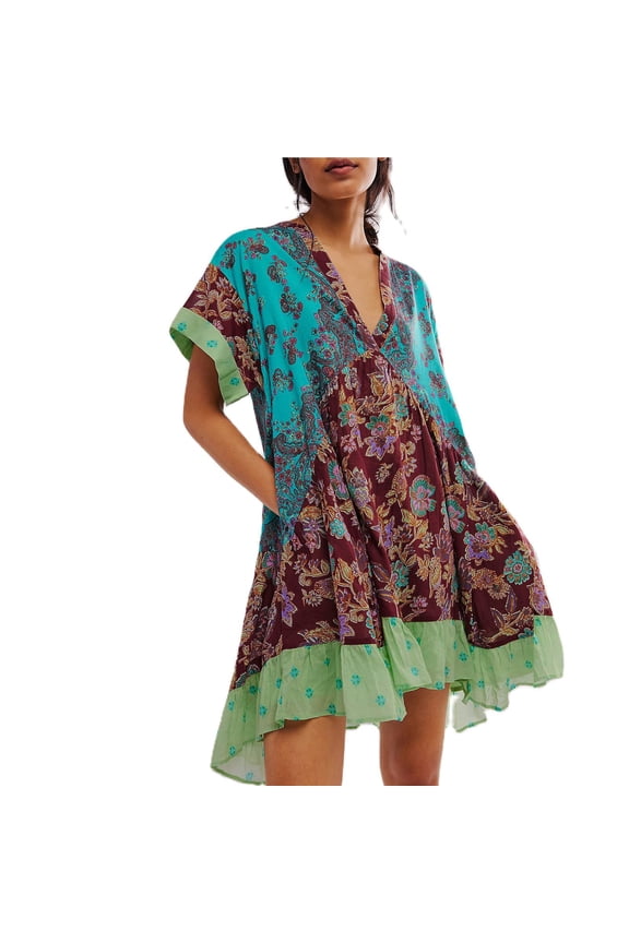 Plus Size Dresses Boho Flowy Ruffle Mini Deep V Neck Casual Floral Prints Sundress Green M