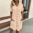 thumbnail image 1 of Plus Size Dresses Clearance, Woman Fashion Solid Color Button Pocket Short Sleeve Turndown Collar Blouse Dress(Khaki,XXL), 1 of 6