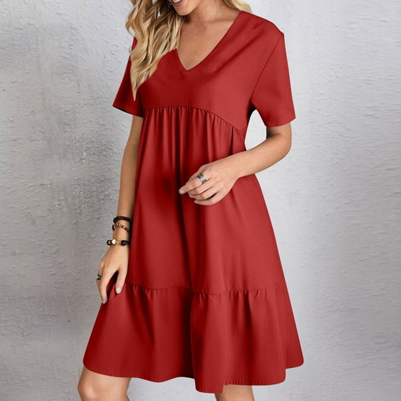 Plus Size Dresses, Women Summer V-Neck Solid Color Casual High Waisted Short Sleeve Dress(Red,XXL)