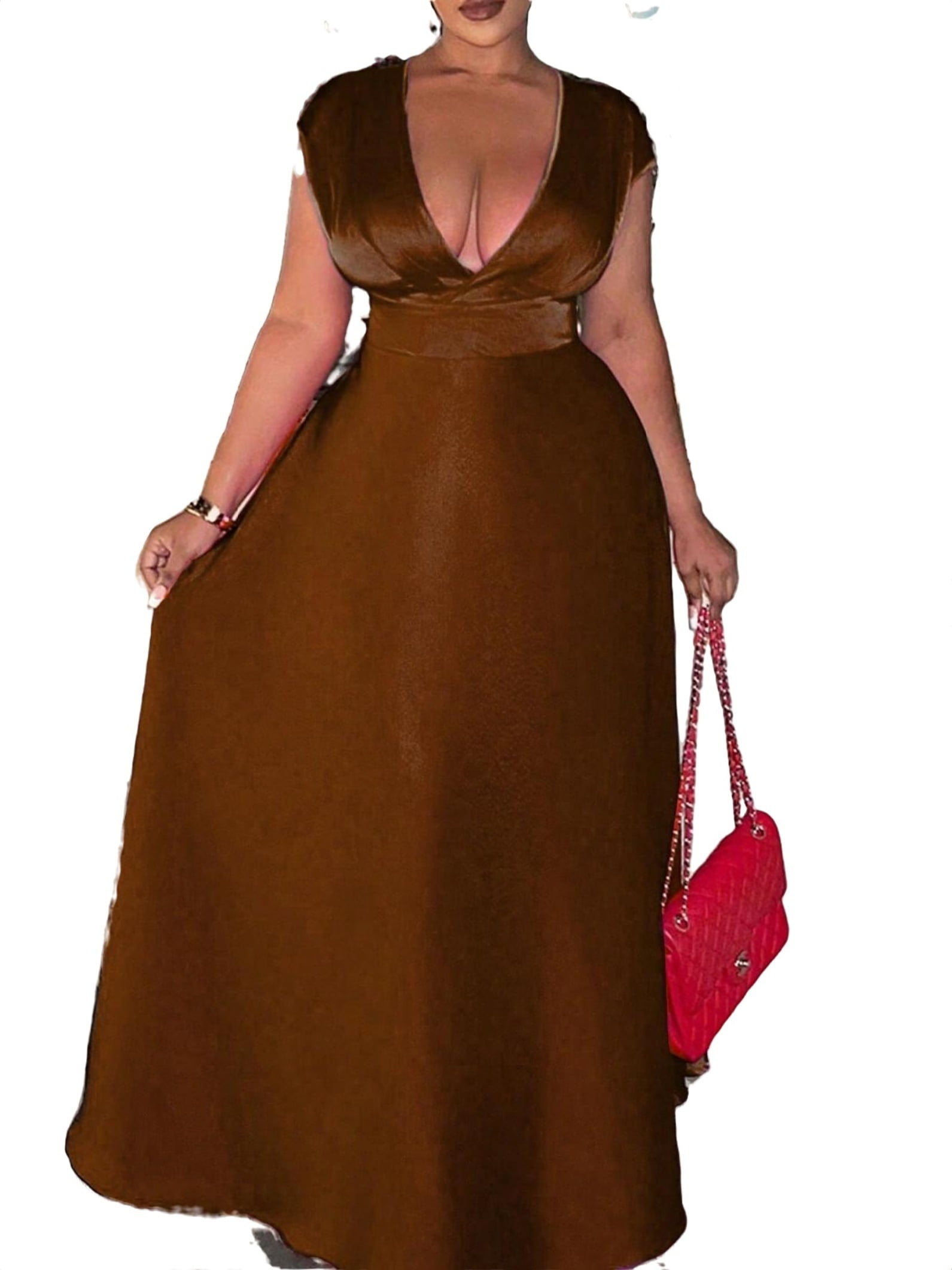 Plus Size Dresses Coffee Brown Color Plain Deep V Neck A Line ...