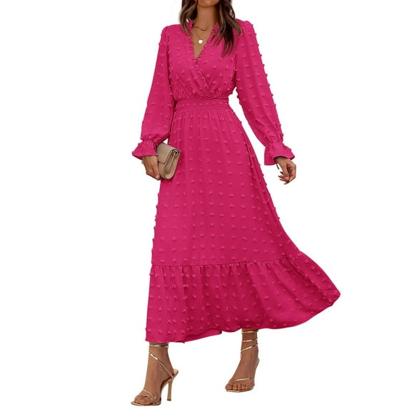 Plus Size Dresses For Curvy Women, 2025 Fall Loose V Neck Long Sleeve Casual Dress-Boho Wedding Guest Daily/Party Wear Sexy Dress Birthday Outfits Women Cocktail Dress (L, Hot Pink) ZMTing