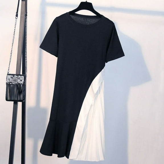 Plus Size Dresses for Curvy Women Summer Dresses for Women Fashion Women Casual Short Sleeve Ladies Patchwork Long Mermaid Dress Ruffle Swing Beach Long Midi Dress