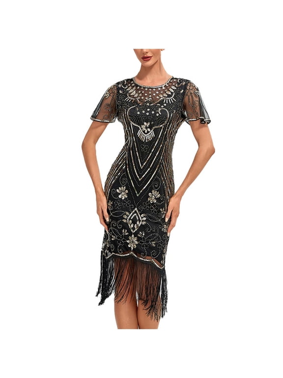 Plus Size Dresses for Curvy Women Sundresses for Women Round-Neck Sleeveless Sequin Ball Tassel Dress Party Banquet Dance Dress Mini Dress Casual Semi-formal Fit and Flare Church Wedding Guest Dresses