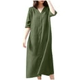 thumbnail image 1 of Plus Size Dresses for Curvy Women, Womens 3 4 Sleeve Dress Cotton Linen Casual Loose V Neck Straight Waistless Solid Color Maxi Dresses for Women 2023 Fall, 1 of 5