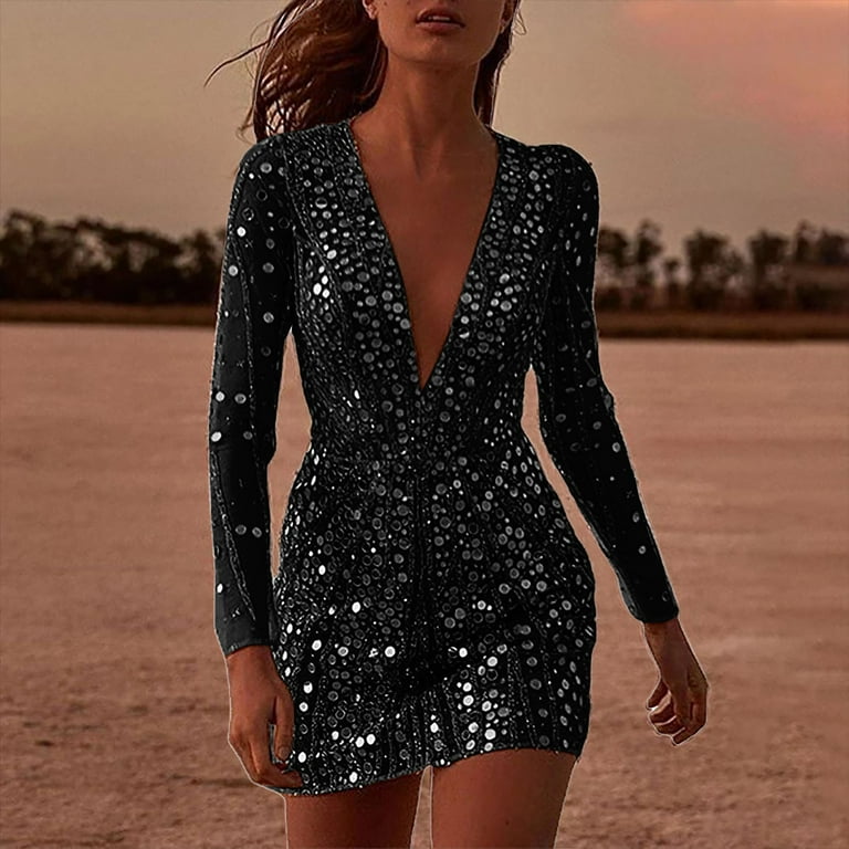 black and gold dress for new years Plus Size Dresses Deep V See Through Covered Long Sleeve Evening Gown Maxi M view-size-chart