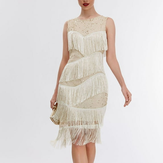 Plus Size Dresses Dgankt Women’s Round-Neck Dresses Flapper Dresses 20s with All-Over Fringe Mini Dresses