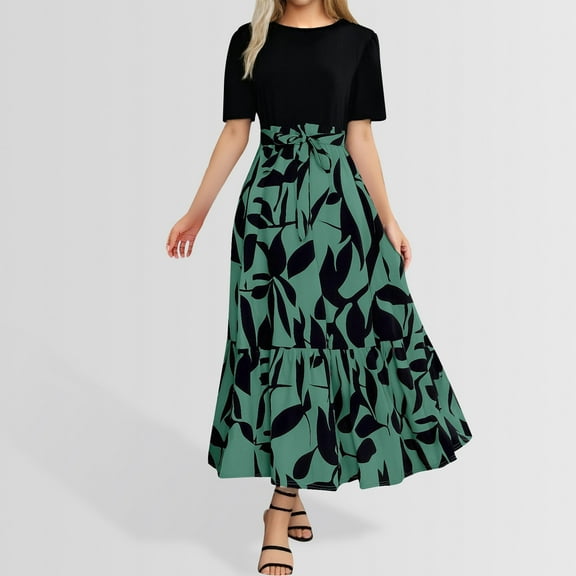Plus Size Dresses Floral Print Wrap Short Sleeve Maxi Patchwork Ruffle A Line Summer Dress Dark Green M