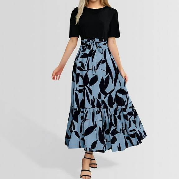 Plus Size Dresses Floral Print Wrap Short Sleeve Maxi Patchwork Ruffle A Line Sun Dress Blue XL