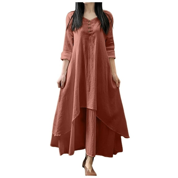 Plus Size Dresses Ladies Two Large Swing Linen Loose Long Sleeved Linen Skirt Knit Dress Casual Long Sleeve Short Dress Shirt Sleeve Womens Dresses for Work Casual for Women Red XL