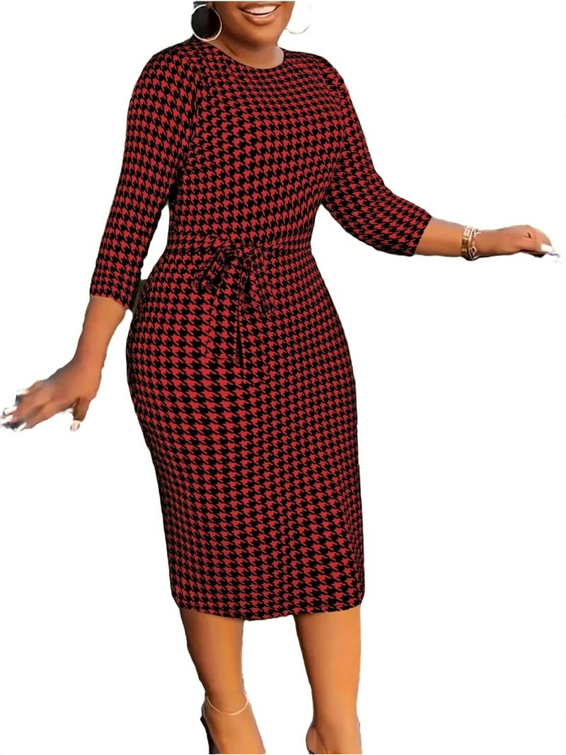 Plus Size Dresses Red Plaid Houndstooth Print Elegant Fitted Round