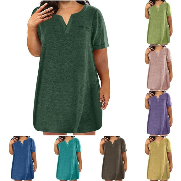 Plus Size Dresses S-5XL Summer Dresses for Women 2024 Casual Oversize Short Sleeve T-shirts Dress Womens Loose Solid Color V Neck Sundresses Blue qILAKOG Size XXL