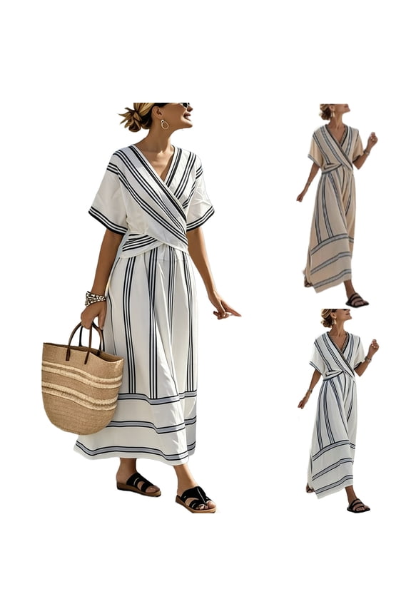 Plus Size Dresses SawvnmWomen V-Neck Short-Sleeve Wrap Waist Flared Striped Maxi Ankle Dress Gift for Women