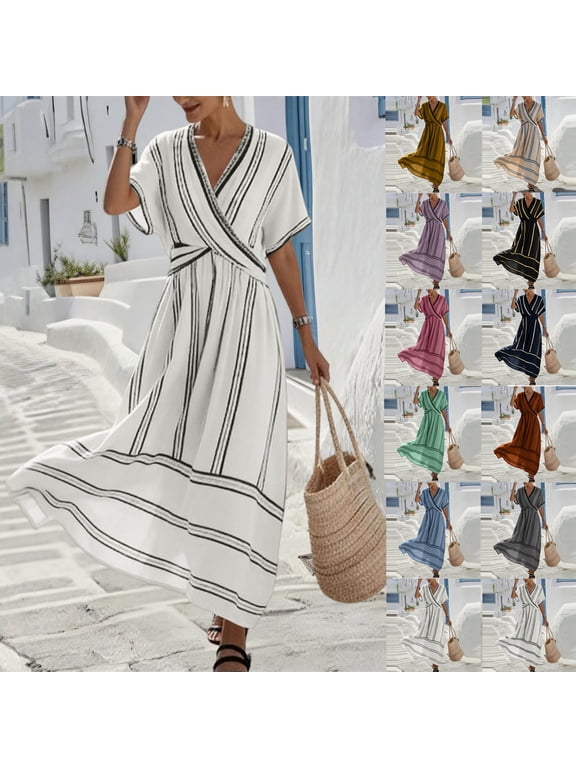 Women's V-Neck Short Sleeve Wrap Front Flared Striped Maxi Dress Lightweight Summer Boho Vacation Beach Long Dress