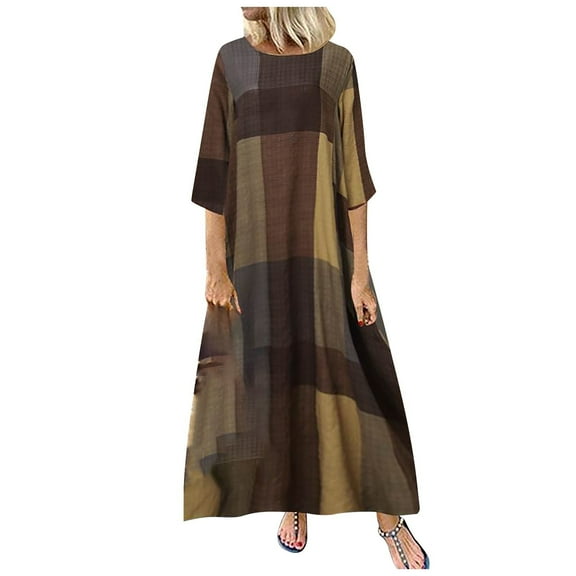 Plus Size Dresses Sevevn Summer Women's Long Dresses Casual Sleeve Plaid Printed Plus Size Dresses