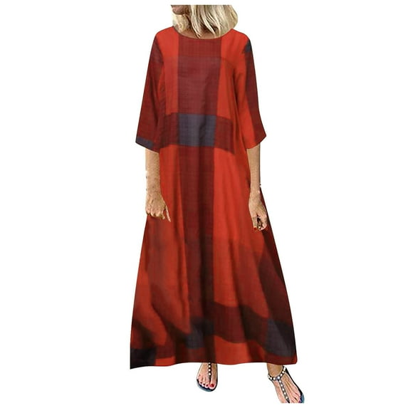 Plus Size Dresses Sevevn Summer Women's Long Dresses Casual Sleeve Plaid Printed Plus Size Dresses