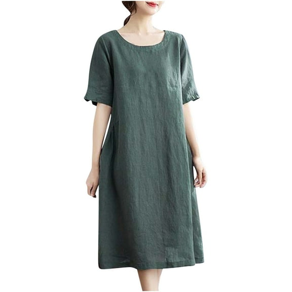 Plus Size Dresses Sevevn Women's Solid Color Fashion Plus Size Vintage Skirt Cotton And Linen Dress