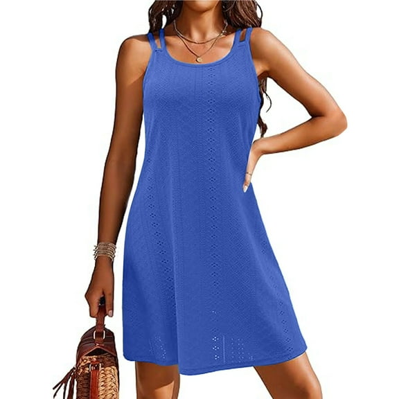Plus Size Dresses Swimsuit Cover Up Spaghetti Strap Eyelet Embroidery Sleeveless Sundress Blue XXL
