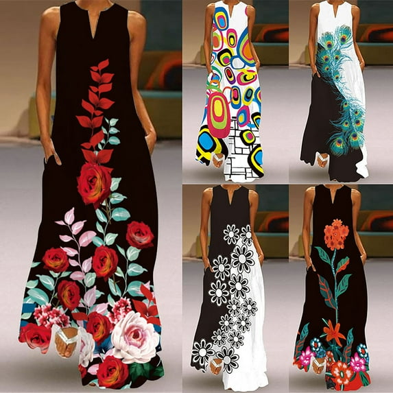 Plus Size Dresses for Women Casual,Summer Dresses for Women 2025, Boho Floral Maxi Dress V Neck Sleeveless Vintage Ruffle Flowy Beach Dress with Pocket ,Casual Flowy Maxi Beach Dresses