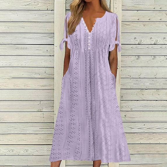 Plus Size Dresses for Women Casual,Summer Maxi Dresses for Women 2025, Boho Short Sleeve Button V Neck Hollow Cold Shoulder Maxi Dress,Casual Solid Color Smocked Long Cocktail Dresses