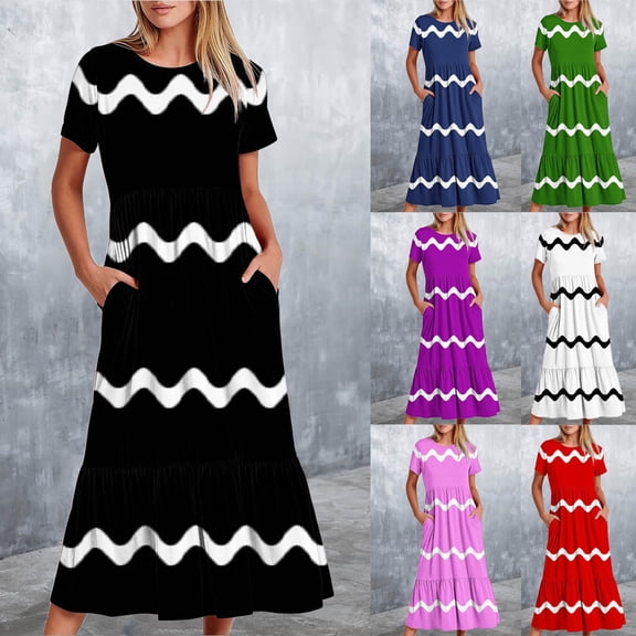 Plus Size Dresses for Women Casual,Women's Summer Casual Short Sleeve Crewneck Wave Print Swing Dress,2024 Long Maxi Dresses for Women Summer,Flowy Tiered Maxi Beach Dress with Pockets
