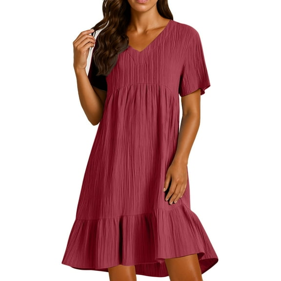 Plus Size Dresses for Women Trendy Midi V Neck Cotton Linen Short Sleeve Petite Shirt Dresses Ruffle Tiered Layered Knee Length Modest A-Line Dresses Wine 3XL