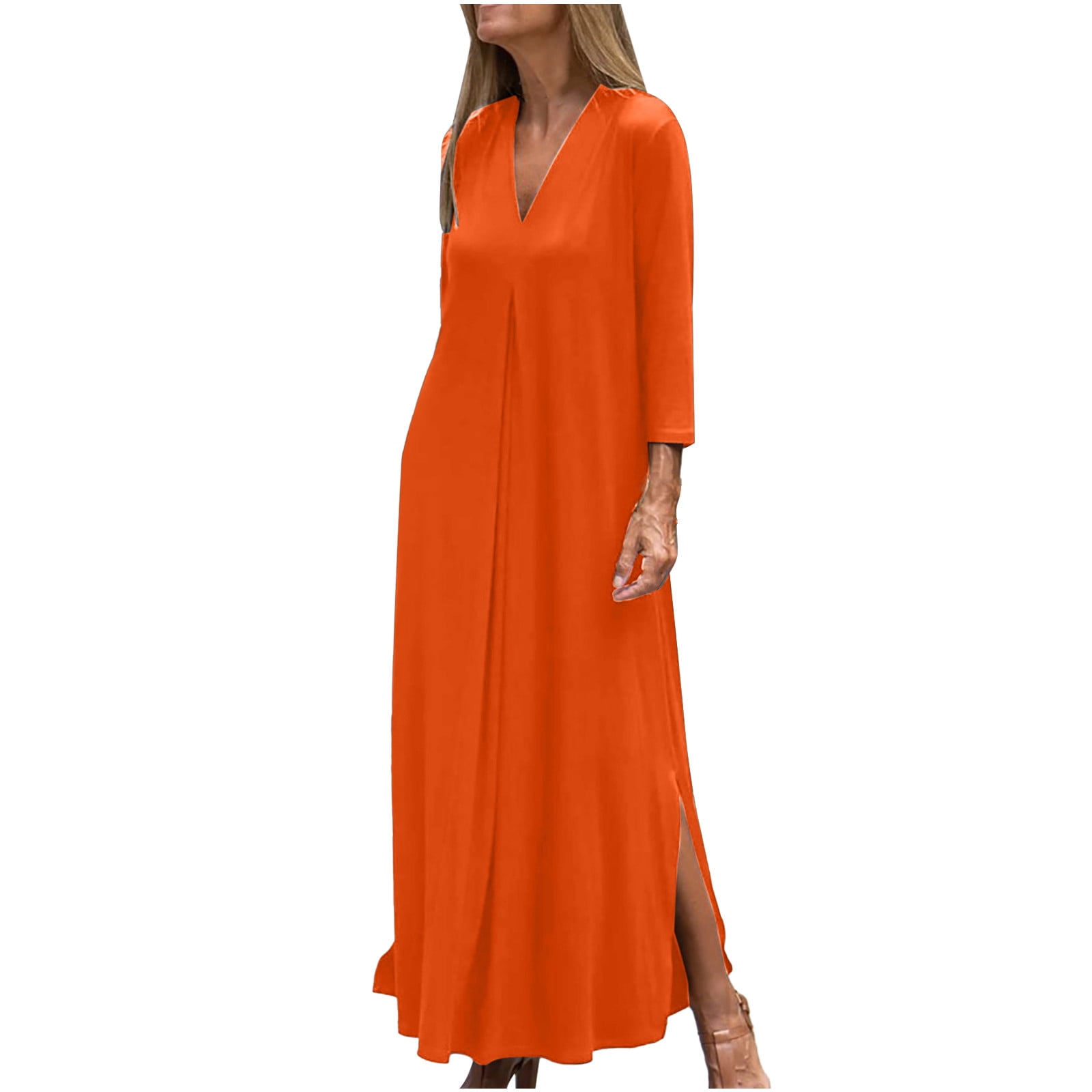 Plus Size Dresses for Womens Color V-Neck Seven-point Sleeve Maxi ...