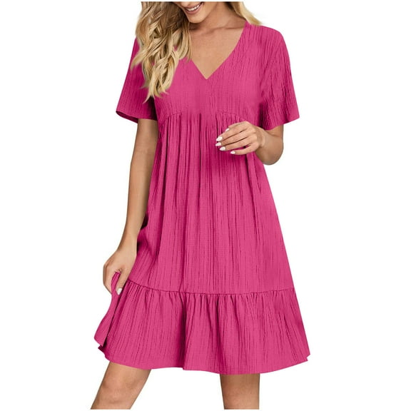 Plus Size Dresses for Womens V Neck Short Sleeve Sundress Front Pleated Sundress Loose Flowy Sun-Dress Plain Basic Mini Beach Dress A-Line T Shirt Dress Vacation Beach Party 2025 Outfits