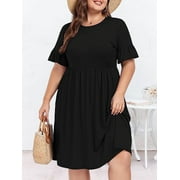 RANPHEE Plus Size Dresses for Curvy Women Black Round Neck Swing Comfortable Hide Belly Fat Midi Dress with Pockets 20W