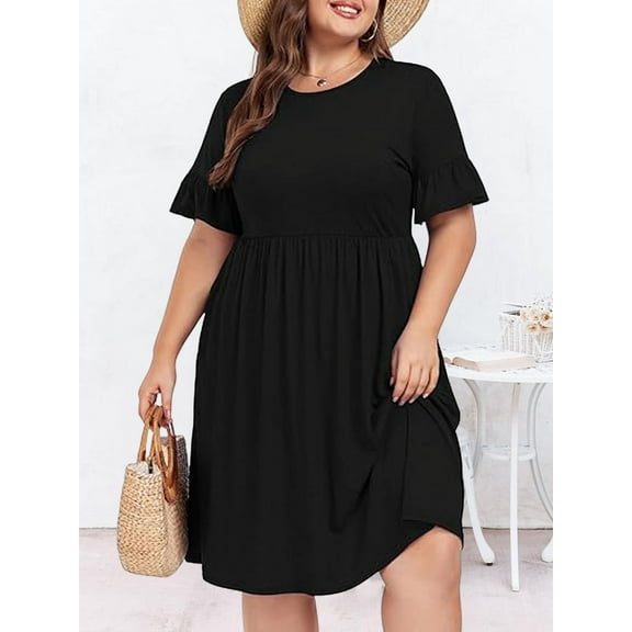 Plus Size Dresses for Curvy Women Black Round Neck Swing Comfortable Hide Belly Fat Midi Dress with Pockets 20W