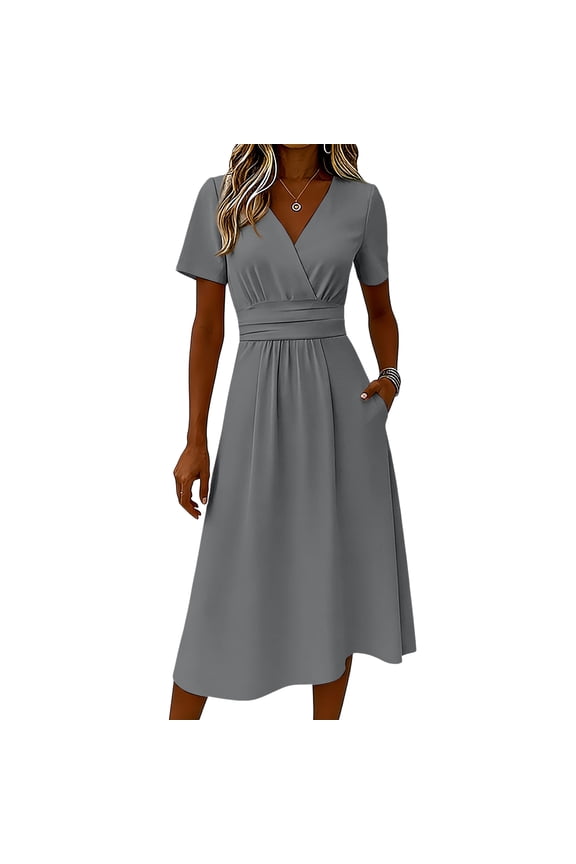 Plus Size Dresses for Curvy Women Casual Plus Size Wrap V Neck Solid Color Tunic Dress Summer Short Sleeve Casual Dress