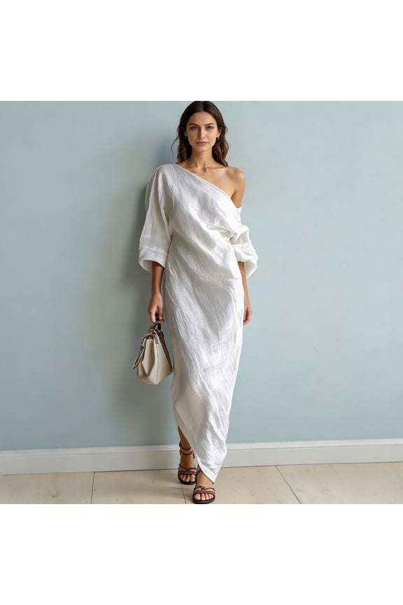 Plus Size Dresses for Curvy Women Elegant Off Shoulder Half Sleeve Midi Dress High Waist Pullover Tunic Womens Dresses White XXL