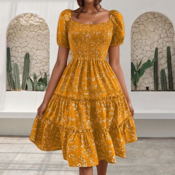 Plus Size Dresses for Curvy Women Short Sleeve Boho Print Square Neck Wrap Waist Ruffle Summer Spring Maxi Womens Dress Yellow M