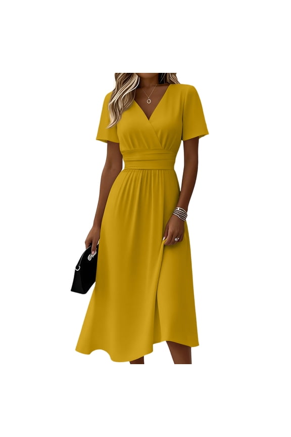 Plus Size Dresses for Curvy Women Short Sleeve Crossover Wrap V Neck Summer Dress High Waist A-Line Swing Sundress