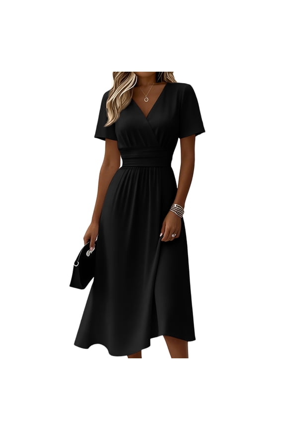 Plus Size Dresses for Curvy Women Short Sleeve Crossover Wrap V Neck Summer Dress High Waist A-Line Swing Sundress