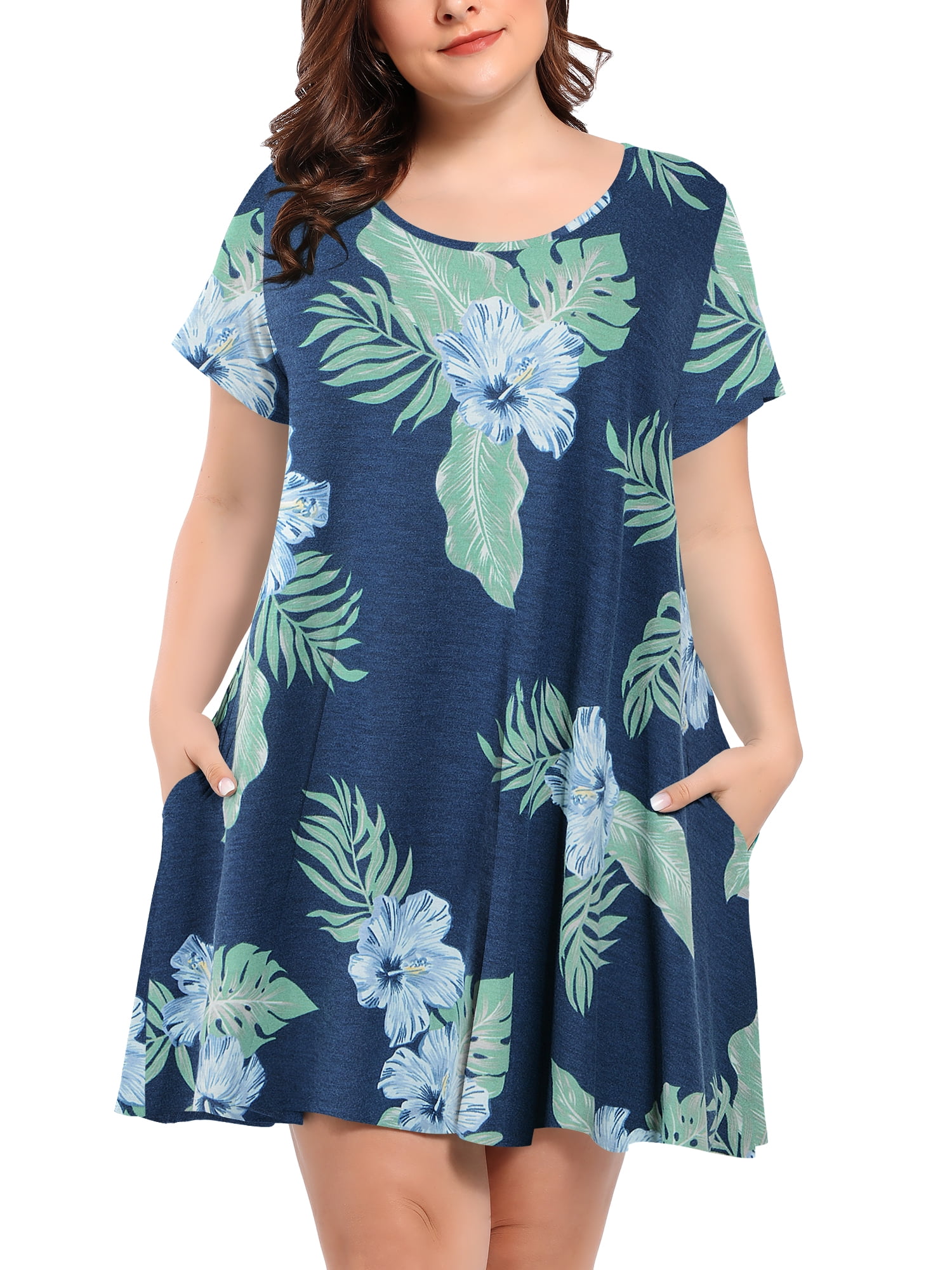 VEPKUL Plus Size Swing Dress for Women, Short Sleeve T-Shirt Dress with