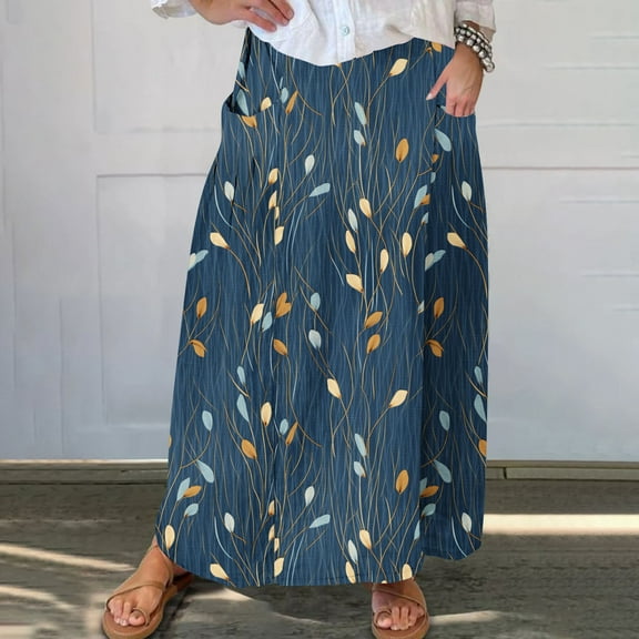 Plus Size Dresses for Curvy Women Viikei Womens Skirts Midi Length,Women's Printed Elastic Waistband Pleated Pocket Skirt With Mid Calf Skirt Navy XL