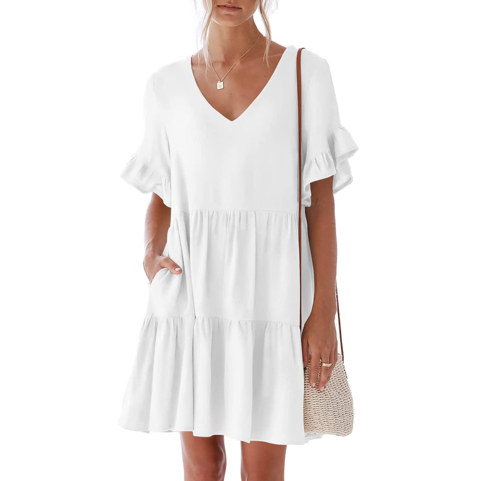 Women's Summer Babydoll Dress - V-Neck Short Sleeve Ruched Mini Dress, 2024 Casual Swing Style