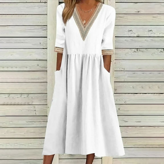 Plus Size Dresses for Women 2024 Large Loose Cotton Linen Lace Collar Five Quarter Sleeve Medium Length Dress