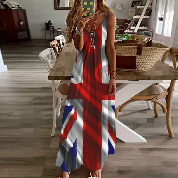 Plus Size Dresses for Women 2024 Sleeveless V-neck Suspender Casual Printed Long Dress