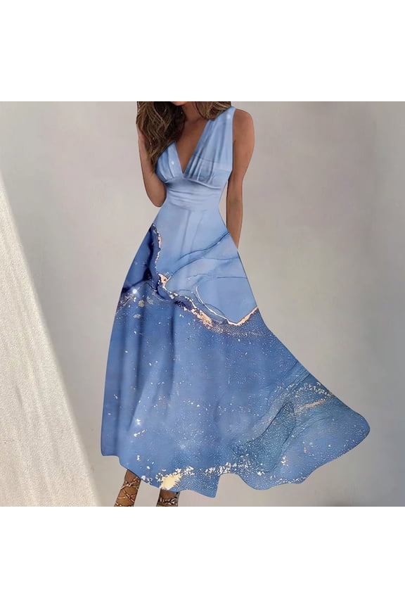 Plus Size Dresses for Women 2024 Spring Printed Casual V-Neck Sleeveless Long Dress