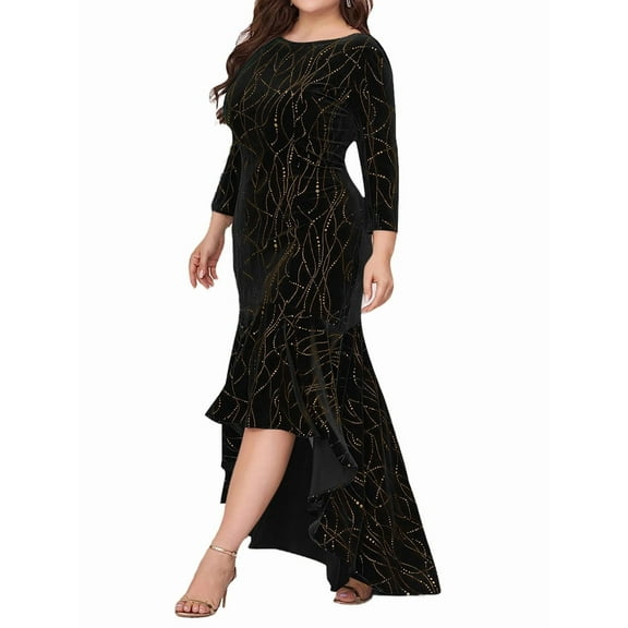 Plus Size Dresses for Women 3/4 Sleeves Mermaid High Low Hem Maxi Velvet Formal Dress Black 4XL