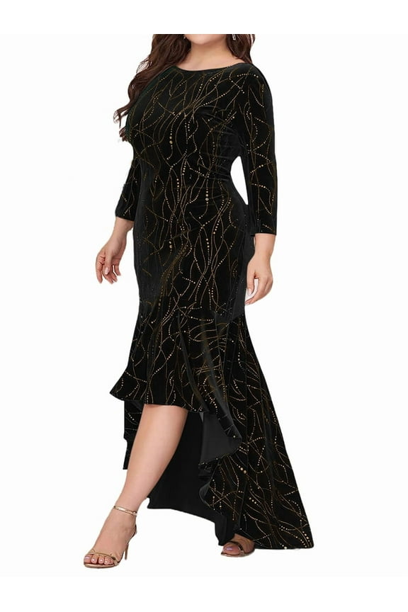 Plus Size Dresses for Women 3/4 Sleeves Mermaid High Low Hem Maxi Velvet Formal Dress Black XXL