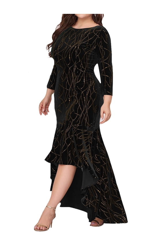 Plus Size Dresses for Women 3/4 Sleeves Mermaid High Low Hem Maxi Velvet Formal Dress Black XXL