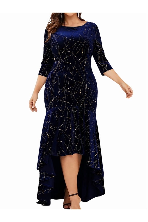 Plus Size Dresses for Women 3/4 Sleeves Mermaid High Low Hem Maxi Velvet Formal Dress Blue XXXL