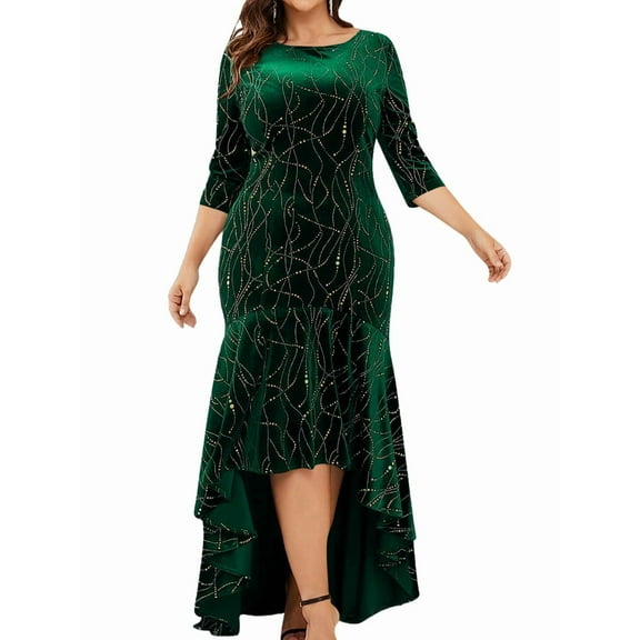 Plus Size Dresses for Women 3/4 Sleeves Mermaid High Low Hem Maxi Velvet Formal Dress Green 4XL