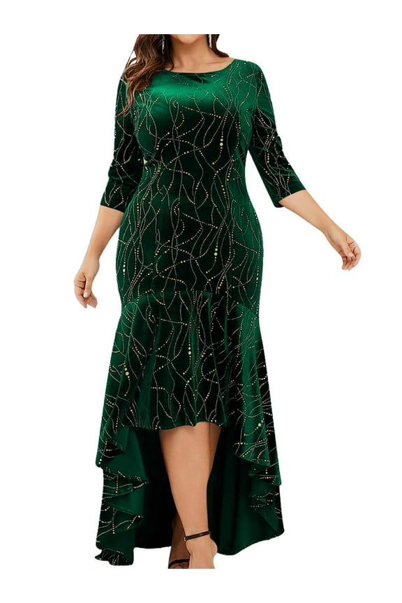Plus Size Dresses for Women 3/4 Sleeves Mermaid High Low Hem Maxi Velvet Formal Dress Green XXL
