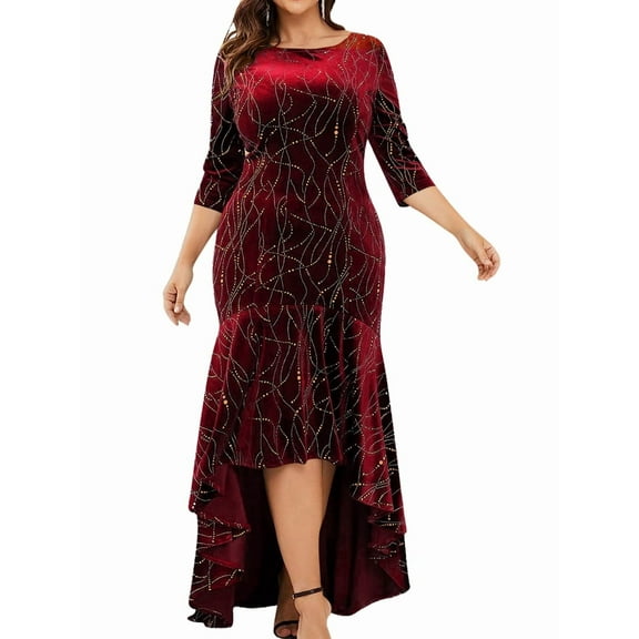 Plus Size Dresses for Women 3/4 Sleeves Mermaid High Low Hem Maxi Velvet Formal Dress Red XL