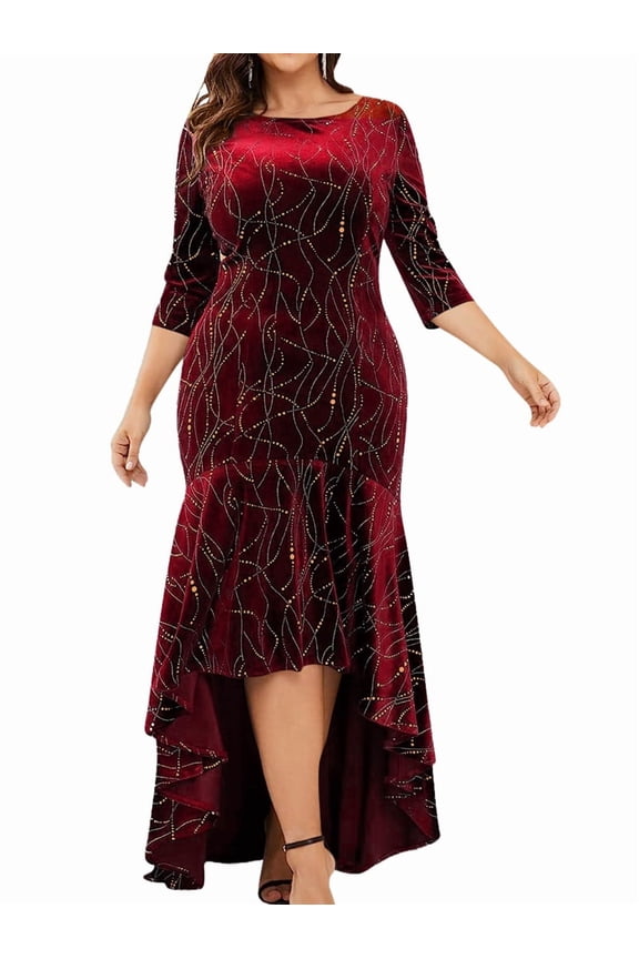 Plus Size Dresses for Women 3/4 Sleeves Mermaid High Low Hem Maxi Velvet Formal Dress Red XL