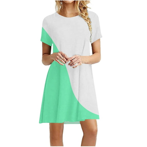 Plus Size Dresses for Women Casual Color-Blocking Printed Short-Sleeved Round-Neck Dress