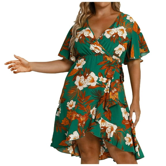 Plus Size Dresses for Women Casual Wrap Deep V Neck Dresses Tie Waist Floral Print Dress Ruffle Hem Flowy Dress Bohemain